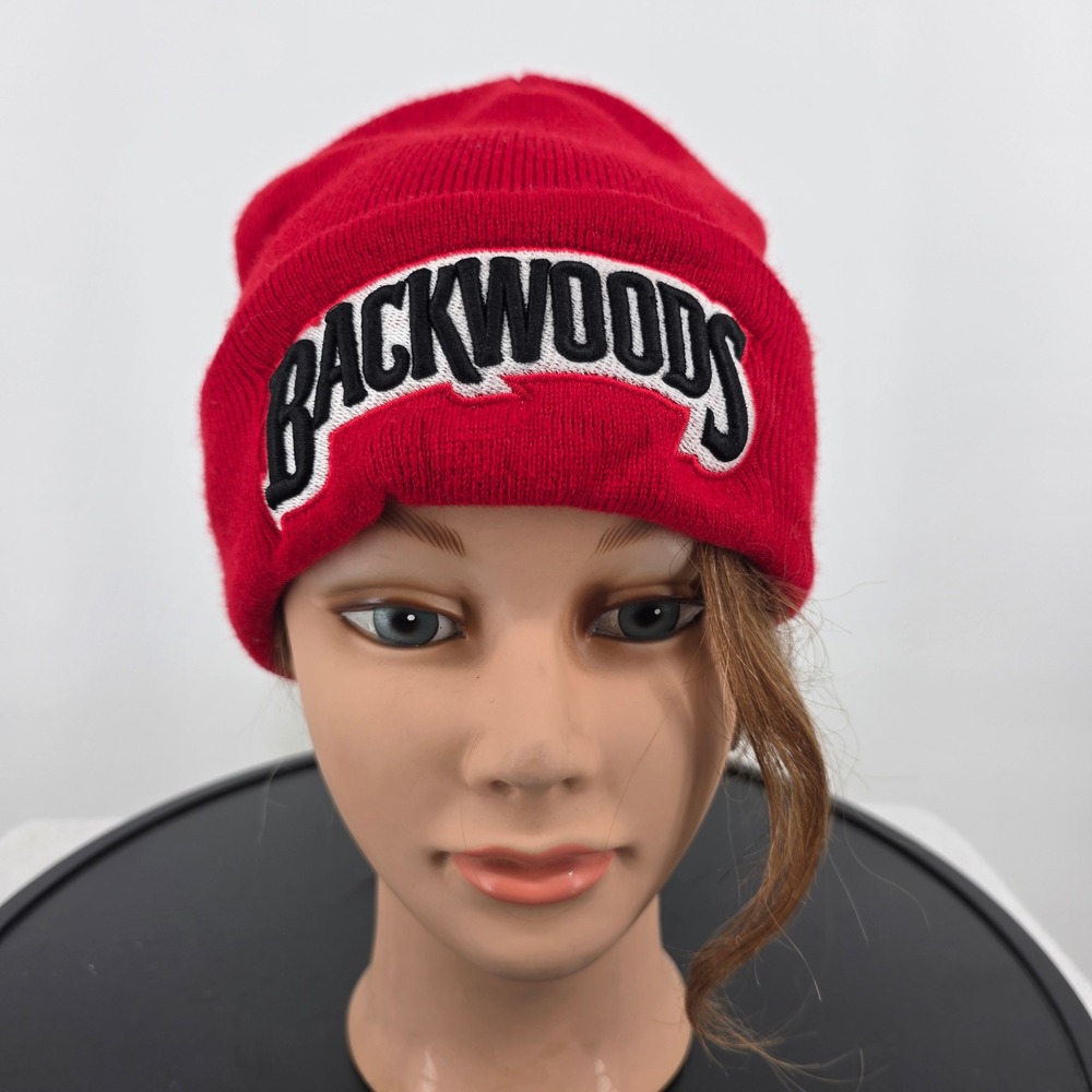 Backwoods Red Knit Beanie Embroidered Logo Cuffed Winter Hat Streetwear